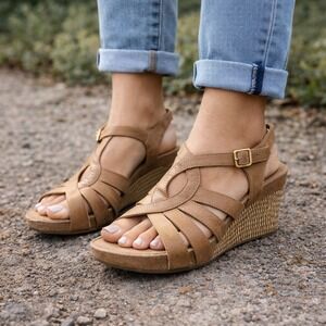 Aerosoles Sassy Plush Tan Strappy Woven Wedge Sandals Womens 8.5 M